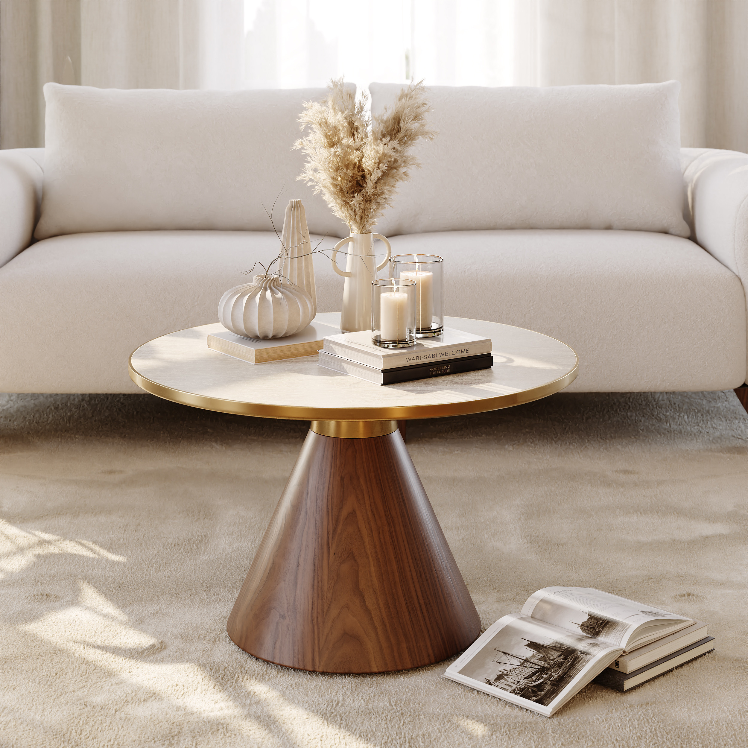 Travertine Sintered Stone Round Coffee Table Modern Walnut Living Room Furniture | Homary