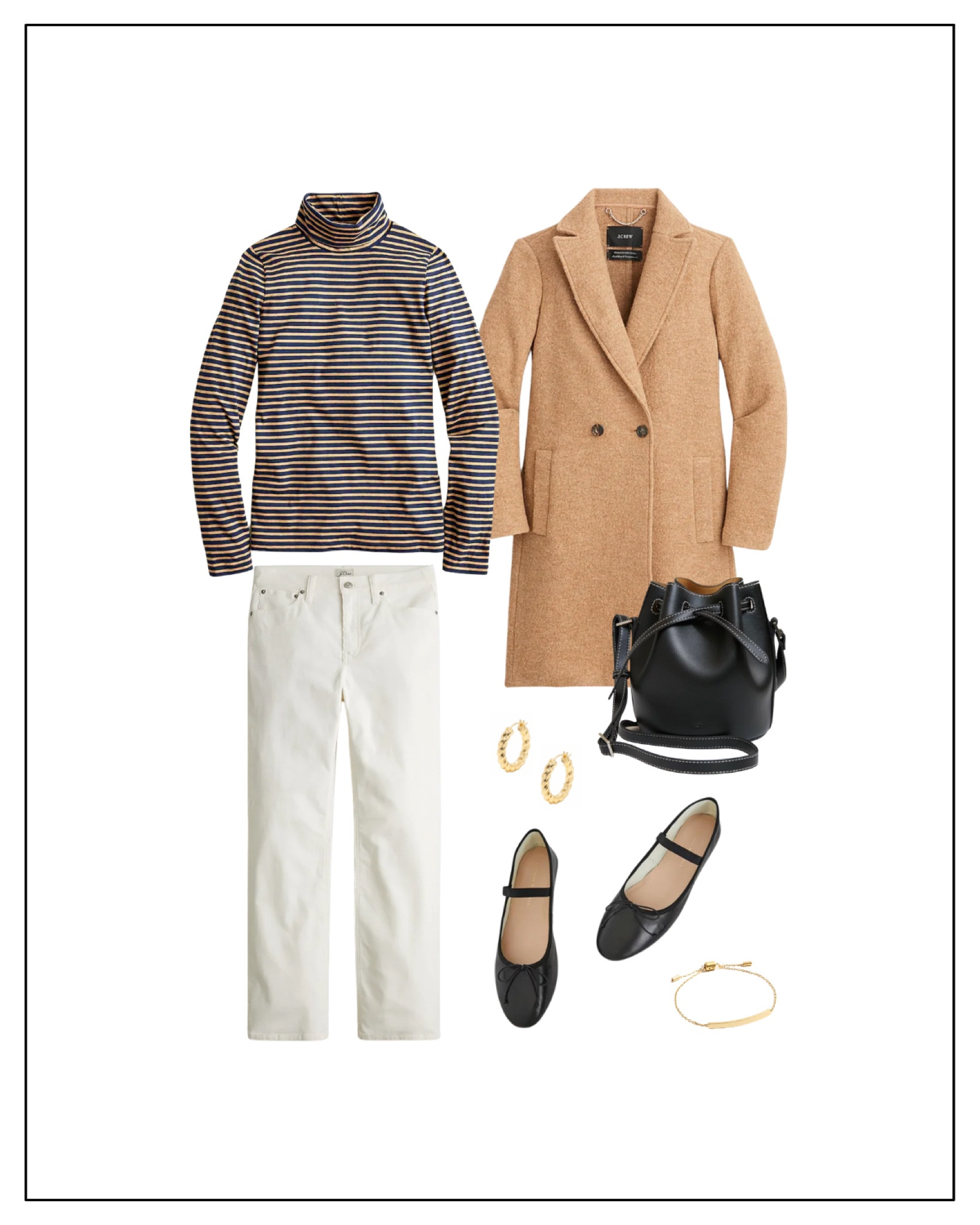 This wool coat fall outfit is the perfect relaxed yet polished day-to-day look. It starts with a striped turtleneck tee. This one is on major sale and under $30 right now. Another basic I love is these corduroy demi-boot pants. J.Crew finally brought them back this season, and I’m so glad. Layer a tan wool topcoat for some warmth, and accessorize with gold jewelry like these hoop earrings and this bracelet. I love these black ballet flats, they’re an investment, but they’re like walking on clouds and don’t slip off your feet. They run TTS. And lastly, a black leather bucket bag pulls together this look. 

#LTKshoecrush #LTKstyletip #LTKSeasonal