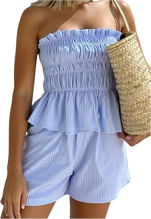SOLY HUX Women's 2 Piece Summer Vacation Outfits Striped Shirred Ruffle Strapless Bandeau Tops an... | Amazon (US)