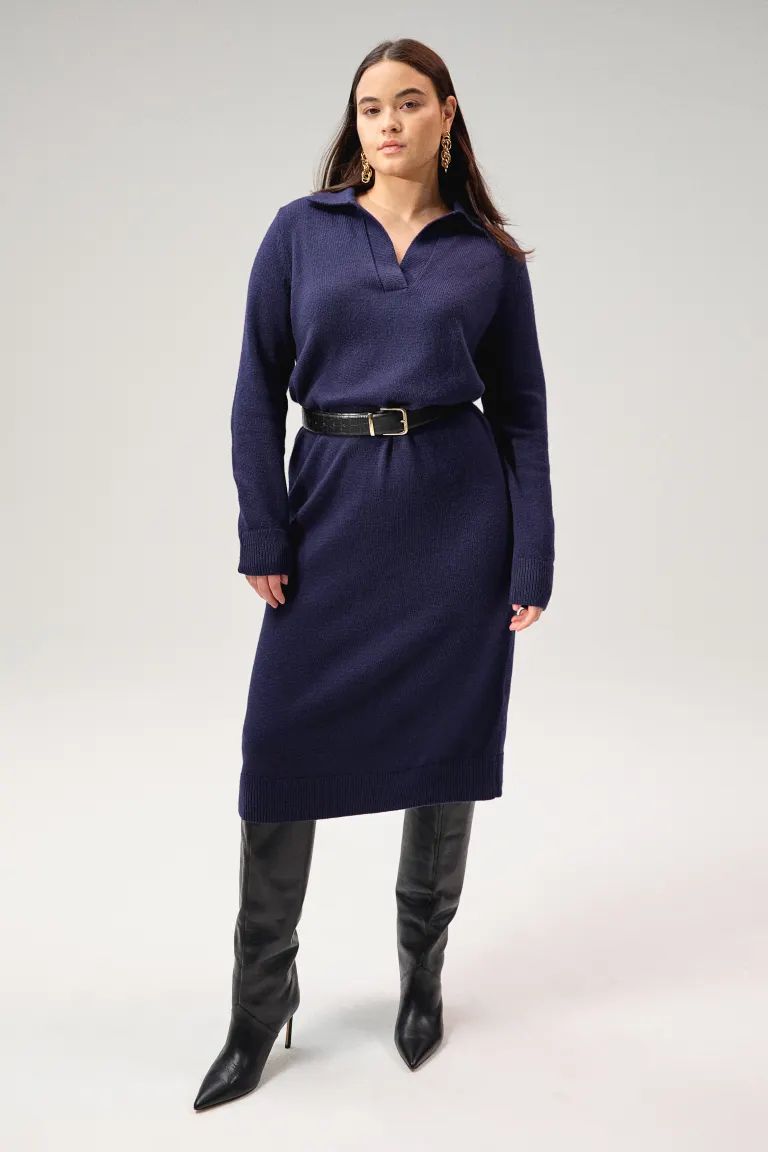 Knit Dress with Collar - Navy blue - Ladies | H&M US | H&M (US + CA)
