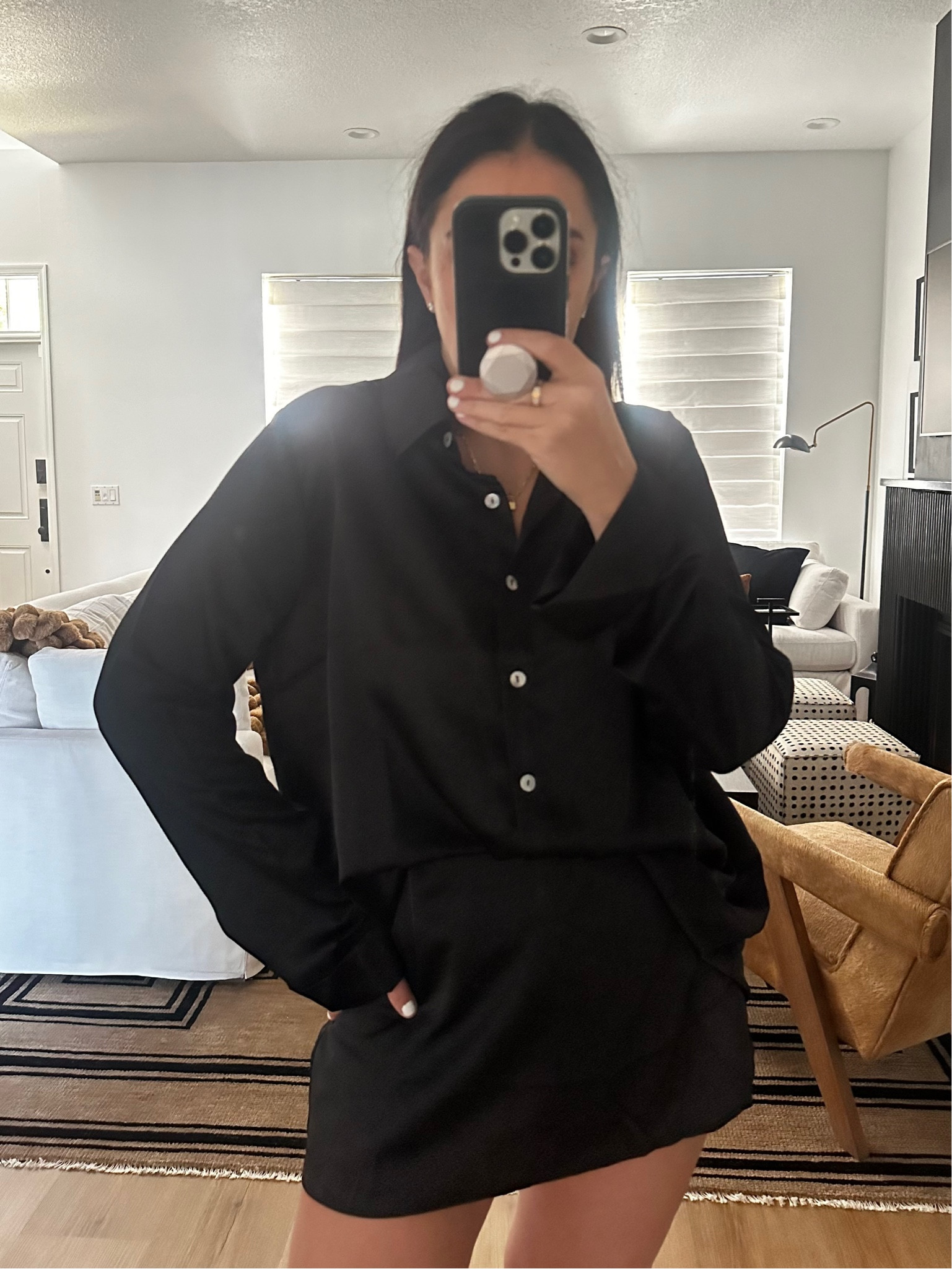 Smith Button Down wearing size medium. All Night Skort ~ Black Luxe Satin wearing size medium. 