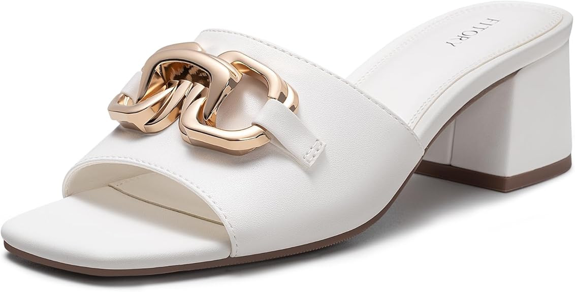 FITORY Womens Low Heel Sandals, Chunky Block Square Open Toe Slides 2026, Metal Chain Slip on Dre... | Amazon (US)
