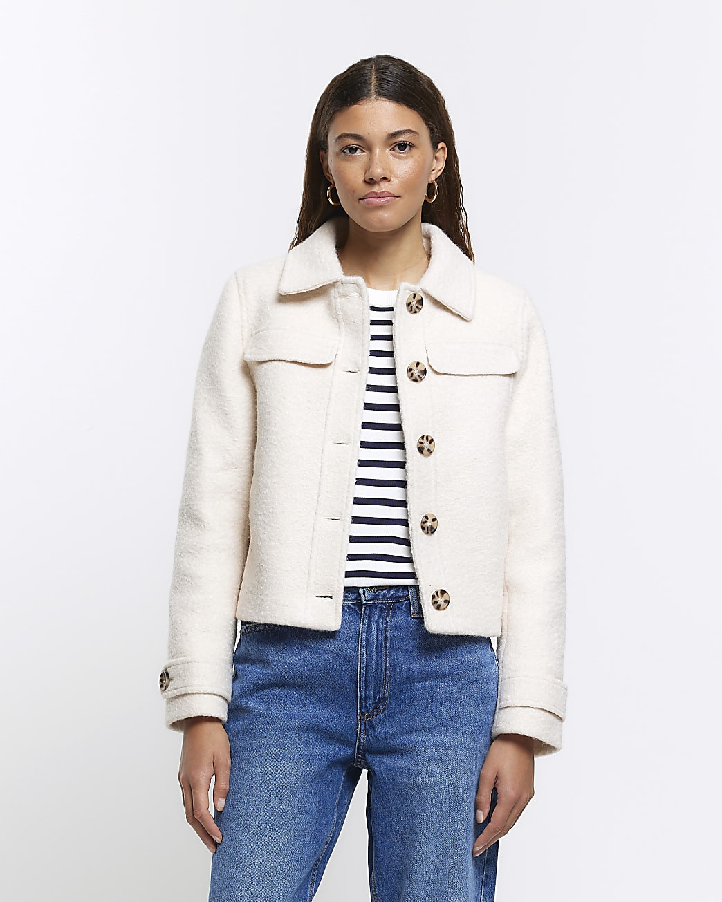 Cream textured button up jacket | River Island (UK & IE)