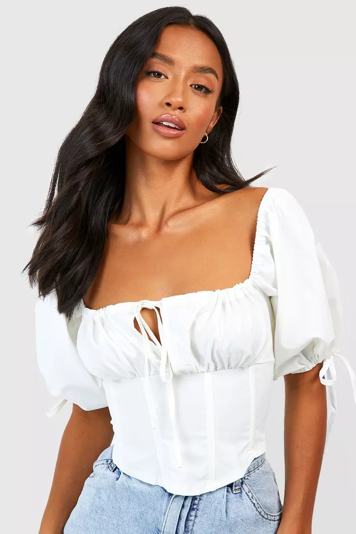 Petite Milkmaid Puff Sleeve Corset Top | Boohoo.com (UK & IE)