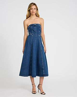 Denim Strapless Seamed Fit and Flare Midi Dress | Express