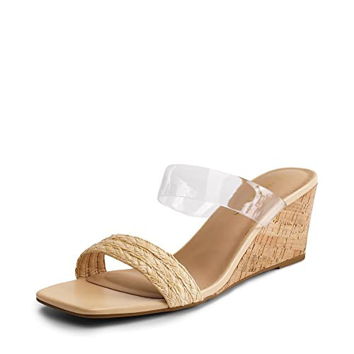 DREAM PAIRS Women Slides Wedge Sandals Square Open Toe Dress Casual Strappy Summer Shoes,Size 7.5,Clear,SDPW2302W | Amazon (US)