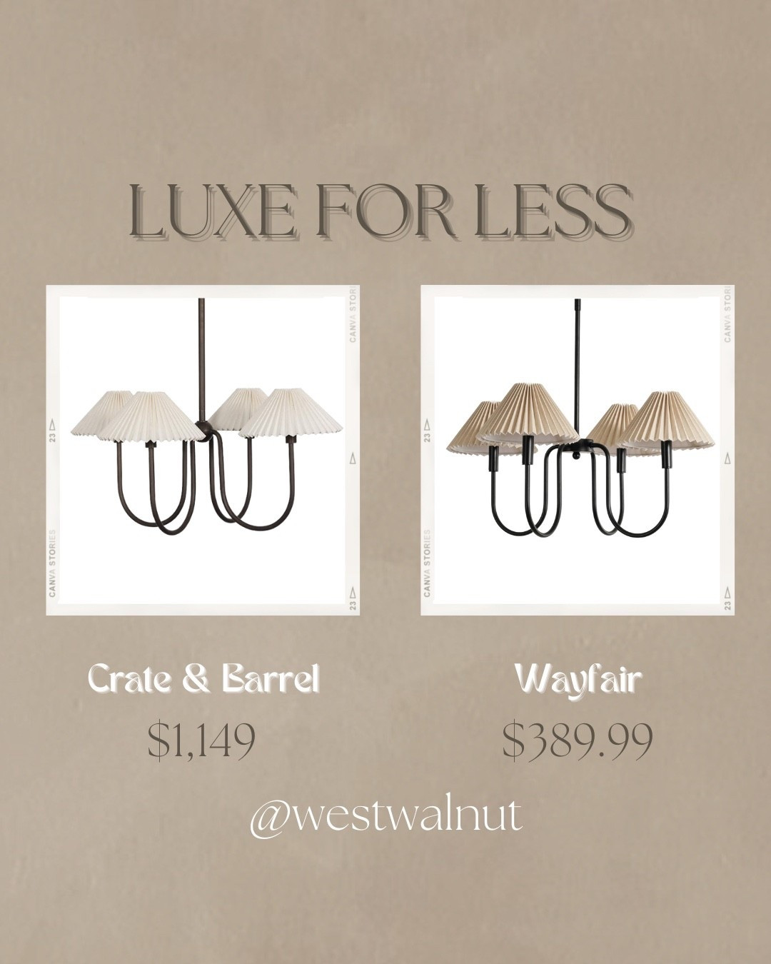 Pleated Shade 4-Light Chandelier

On the left is the Ashby Bronze Chandelier Light 27" from Crate & Barrel. This chandelier is made of iron with an oil-rubbed bronze finish and cotton shades.
Dimensions: 13" Height x 27" Diameter

On the right is the 4-Light Classic / Traditional Dimmable Chandelier from Wayfair. This chandelier is made of iron and finished with linen shades. It is typically $1,279.99 but is currently on sale for $389.99.
Dimensions: 13" Height x 27" Diameter

#furnitureforless #budgetfriendlyfinds #furnituredupe #dupe #luxeforless #affordablefurniture #dupes #homeonabudget #chandelier

#LTKHome