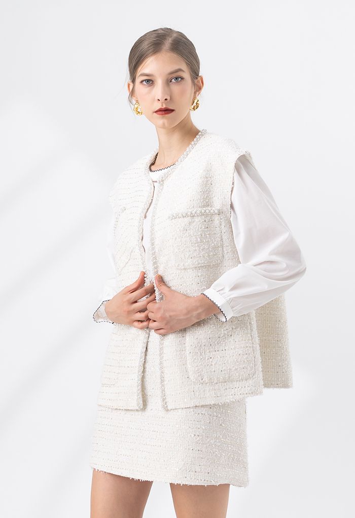 Pearly Edge Pocket Tweed Vest Jacket in White | Chicwish