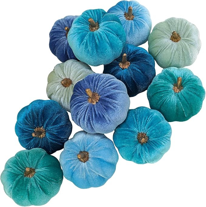 Winlyn 12 Pcs Assorted Small Faux Velvet Pumpkins Decorative Teal Blue Green Turquoise Fabric Foa... | Amazon (US)