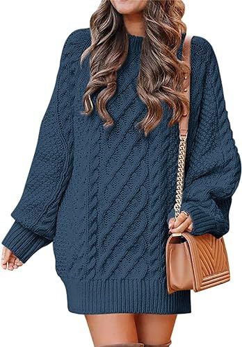 ANRABESS Women Crewneck Long Sleeve Oversized Cable Knit Chunky Pullover Short Sweater Dresses | Amazon (US)