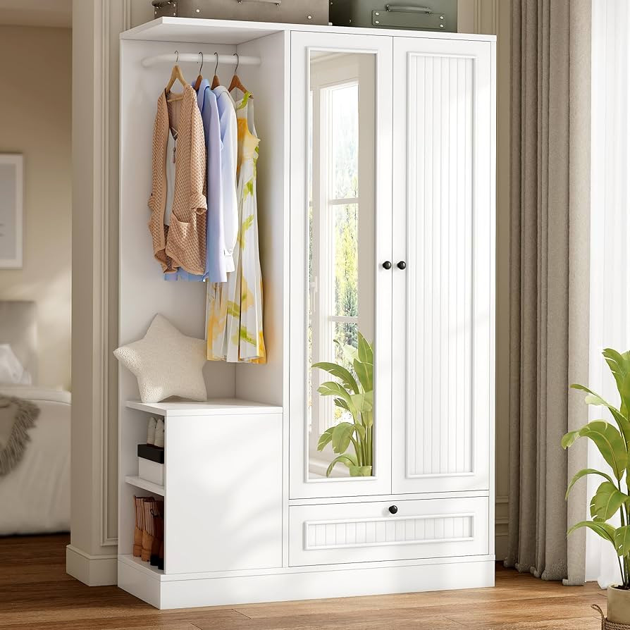Feonase Armoire Wardrobe Closet with Mirror, Bedroom Armoires with 2 Doors, 1 Drawers and 3 Shelv... | Amazon (US)