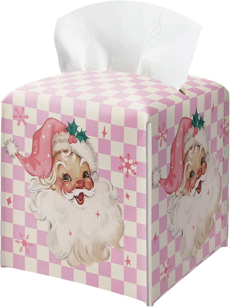 Merry Christmas Tissue Box Holder, Santa Claus Pink Checkered Leather Tissue Box Cover Square, Pa... | Amazon (US)