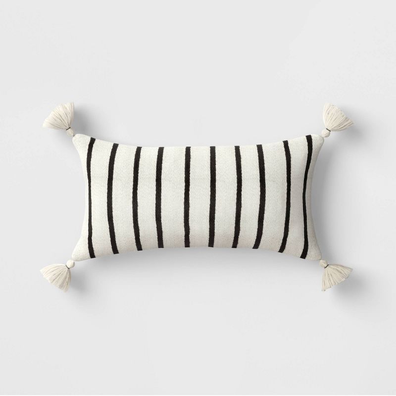 Woven Stripes Lumbar Outdoor Throw Pillow Black/Cream - Threshold&#8482; | Target