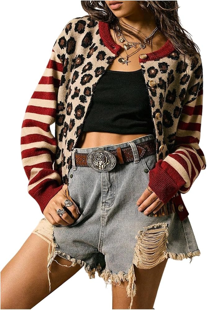 SOLY HUX Women's Leopard Cardigan Sweater Y2k Striped Button Down Long Sleeve Crewneck Colorblock... | Amazon (US)