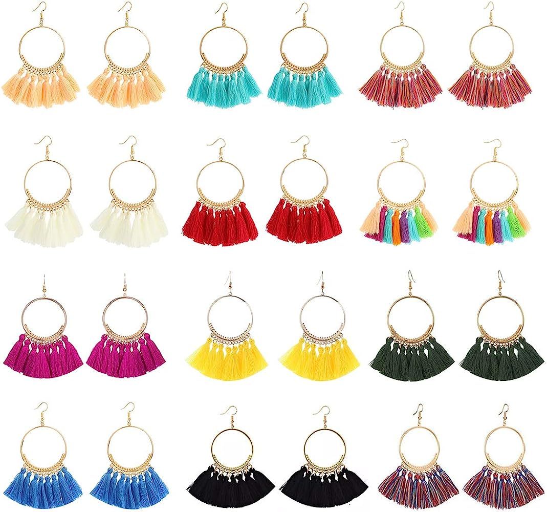 LANTAI 9-18 Pairs Colorful Bohemian Hoop Tassel Earrings Boho Earrings-Fashion Flower V Shape Tas... | Amazon (US)