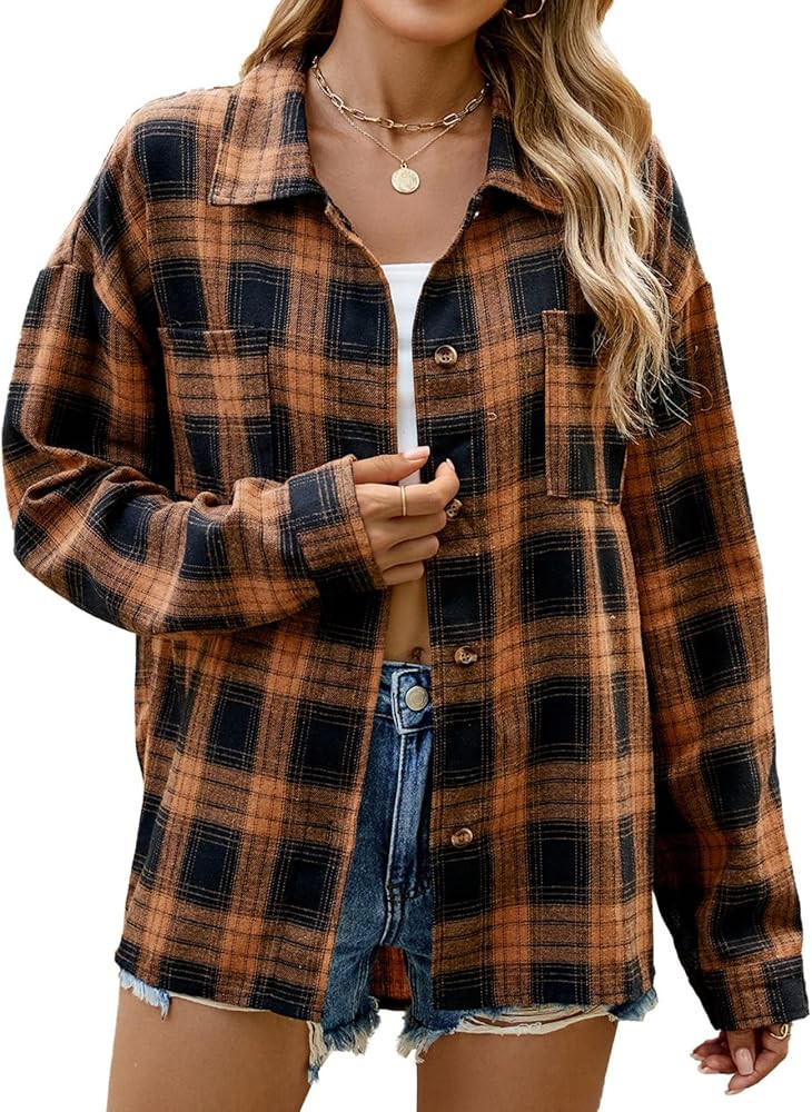 Plaid Shackets for Women 2024 Trendy Fall Clothes Boyfriend Style Outfits Casual Loose Button Dow... | Amazon (US)