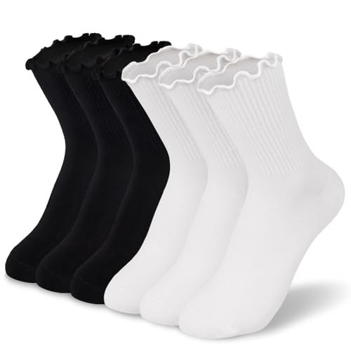 BIVOLU Womens Ankle Socks Ruffle Cotton Cute Frilly Trim Breathable Crew Ruffled Socks 6 Pack | Amazon (US)