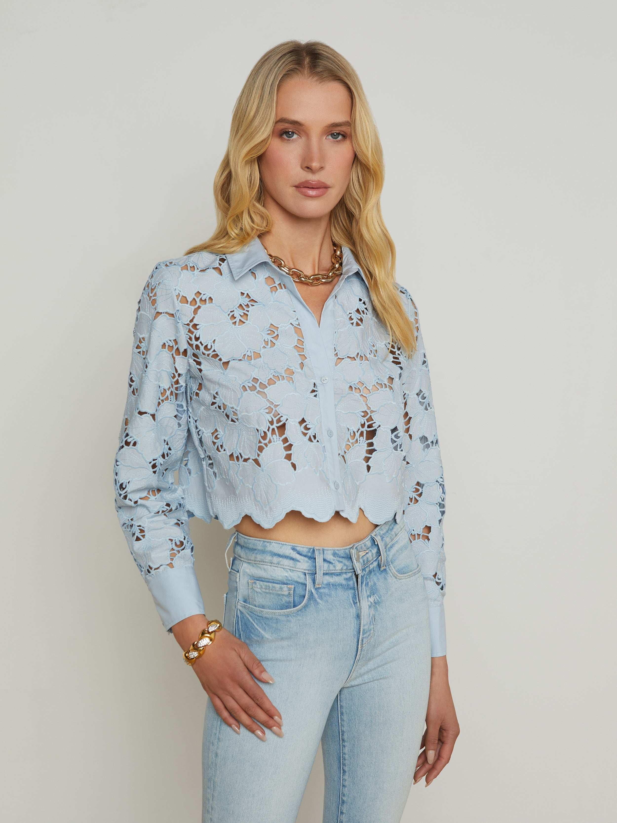 L'AGENCE - Seychelle Lace Cropped Blouse in Blue Fog | L'Agence