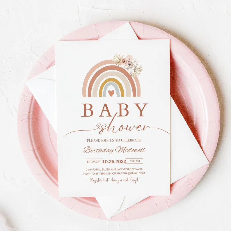 Editable Boho Rainbow Baby Shower Invitation Pink Pampas Grass Boho Rainbow Baby Shower Invite Pr... | Etsy (UK)