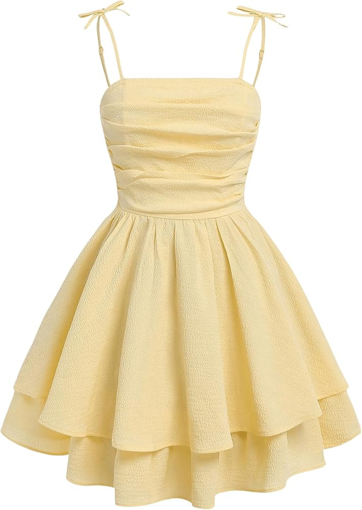 SHENHE Girl's Smocked Ruched A Line Swing Dress Layered Tie Shoulder Flowy Cami Short Dress | Amazon (US)
