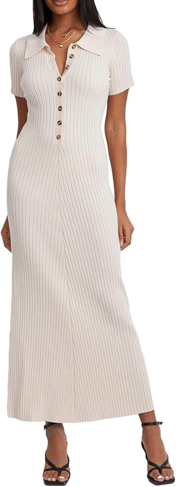 FULA-bao Women's Short Sleeve V Neck Sweater Dress Button Ribbed Knit Slim Fit Elegant Maxi Dress... | Amazon (US)