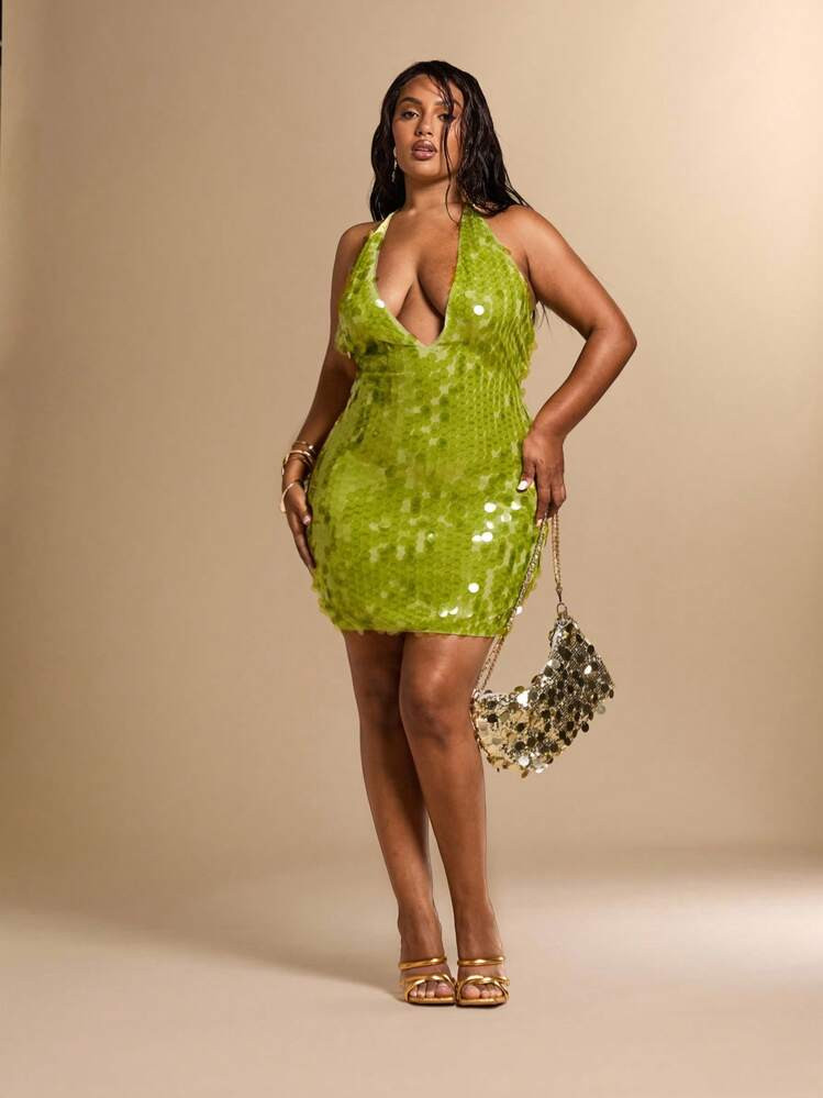 SHEIN BAE Plus Size Women's V-Neck Tie Strap Mini Bodycon Sequin & Sequins Embellished Dresses, S... | SHEIN