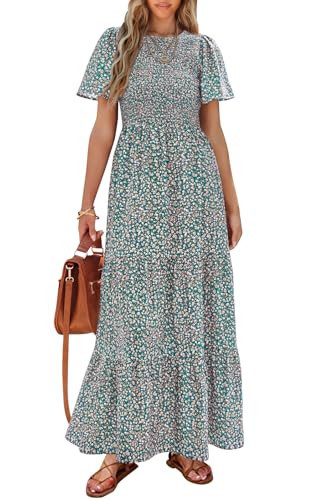 PRETTYGARDEN Women's Summer Casual Round Neck Short Flutter Sleeve Smocked Ruffle Floral Maxi Dress Wedding Guest Dress (Olive Green,Small) | Amazon (US)
