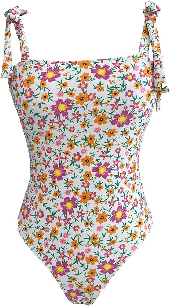 Floerns Women's Tie Shoulder Onepiece Swimsuit Floral Print Monokini Swimwear | Amazon (US)