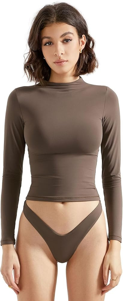 SUUKSESS Women Double Lined Mock Turtle Neck Long Sleeve T Shirt Fitted Y2k Crop Top | Amazon (US)