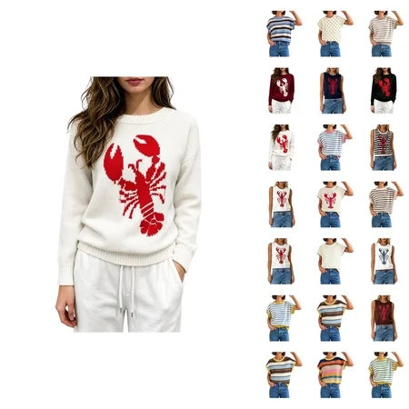 Crewneck Pullover Sweater With Lobster Pattern Casual Loose Knit Top For Fall Winter | Walmart (US)