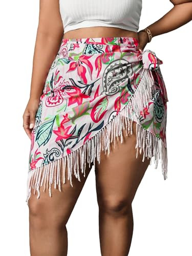 MakeMeChic Women's Floral Tie Side Wrap Tassel Mini Skirt Cover Up Beach Skirt Plus Pink X-Large Plus | Amazon (US)