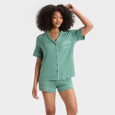 Women's Cloud Knit Short Sleeve Notch Collar Shirt and Shorts Pajama Gift Set - Auden™ Mom/Green XS | Target