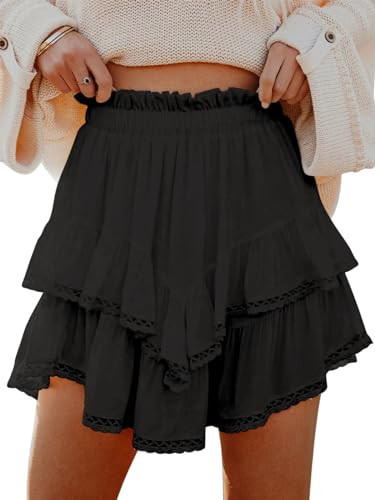 Aoudery Flowy Shorts for Women Casual Boho Ruffle Tiered Skorts High Waist Mini Skirts Golf Tennis Butterfly Crochet Shorts - Black XXL | Amazon (US)