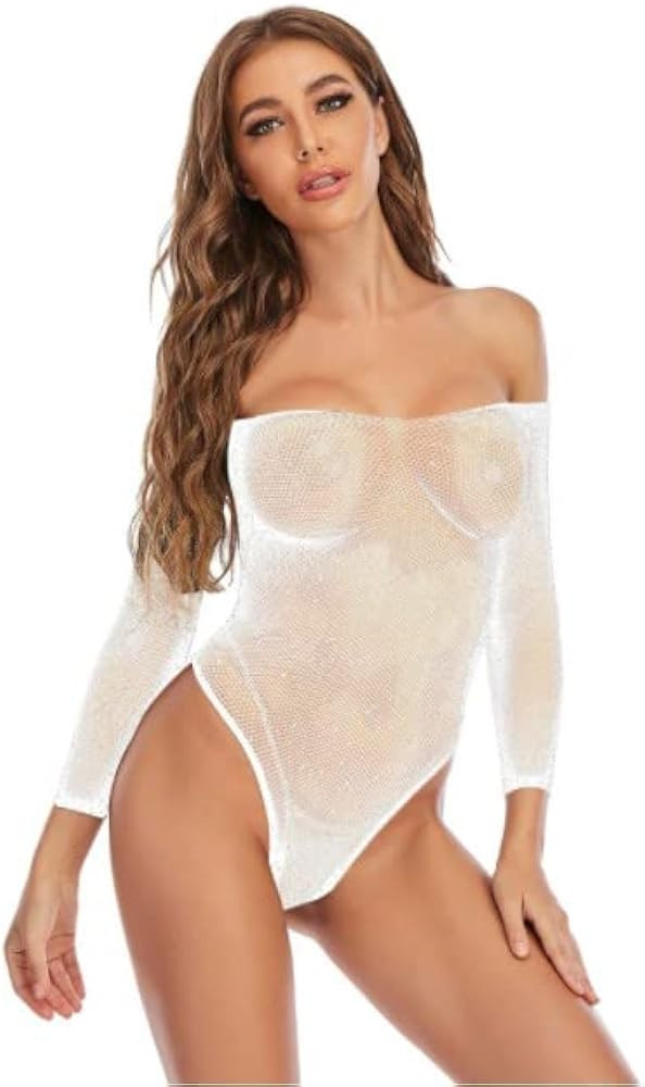 IBAKOM Women Sheer Mesh Bodysuit Sexy Sparkly Glitter Rhinestone Fishnet Teddy Lingerie Jumpsuit ... | Amazon (US)