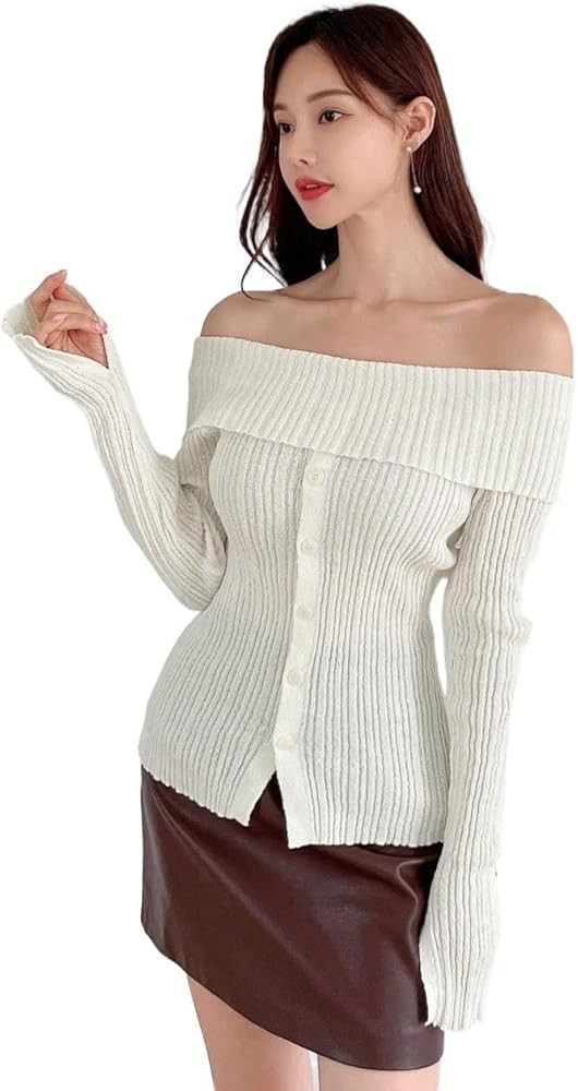 Women's Fall Pullover Sweater Off Shoulder Button Front Ribbed Knit Sweater Winter Jumper Tops | Amazon (US)