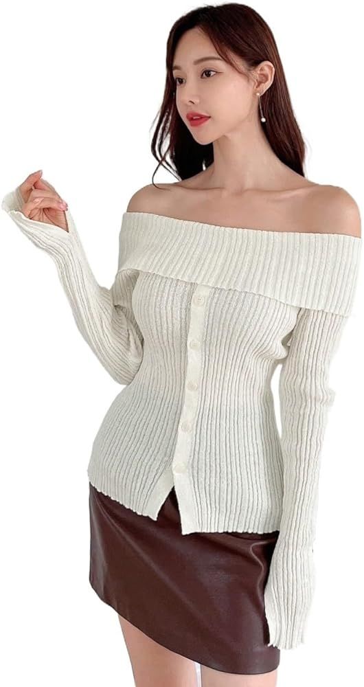 Women's Fall Pullover Sweater Off Shoulder Button Front Ribbed Knit Sweater Winter Jumper Tops | Amazon (US)