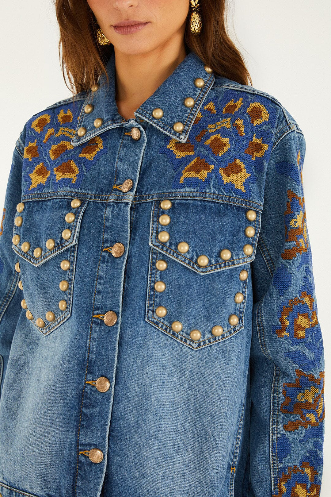 Denim Metal Details Embroidered Jacket, DENIM / S | FarmRio (US)