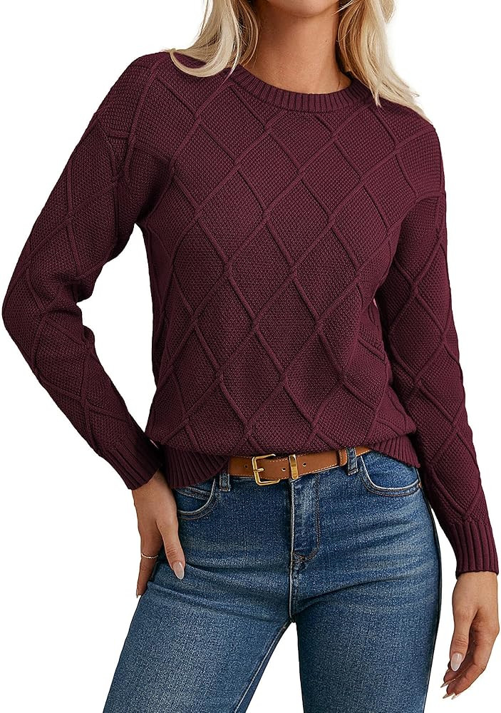 GRACE KARIN Damen Pullover mit Rautenmuster Langarm Rundhals Casual Strickpullover | Amazon (DE)