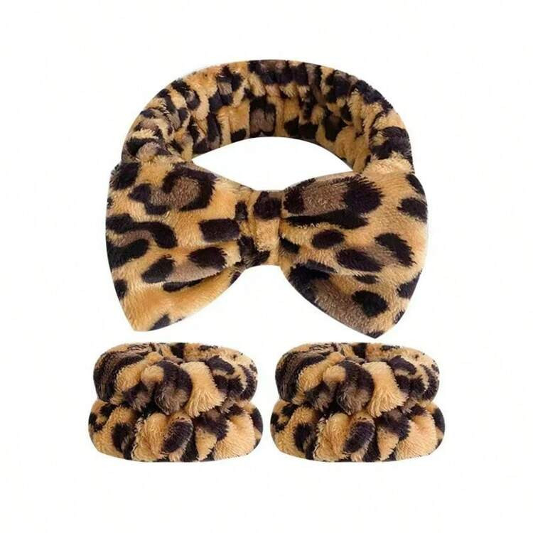 3pcs Makeup Headband Set | Retro Leopard Print Headband + 2pcs Wristband | Soft Coral Fleece Mate... | SHEIN