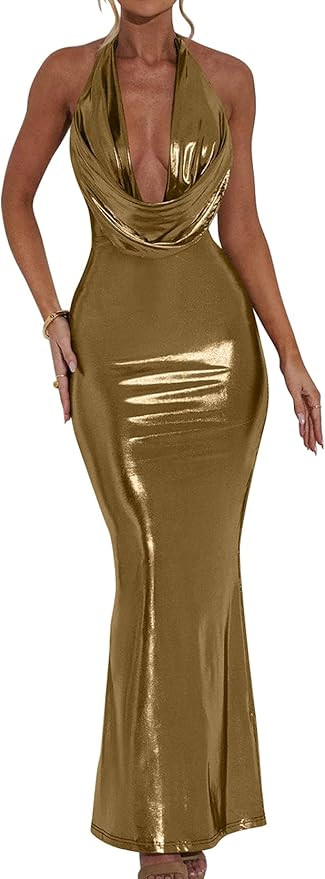 Memoriesea Women's Luxury Metallic Halter Neck Bodycon Party Evening Gown Maxi Dress | Amazon (US)