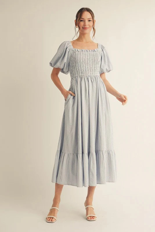 Light Blue Gingham Smocked Puff Sleeve Midi Dress | PinkBlush Maternity