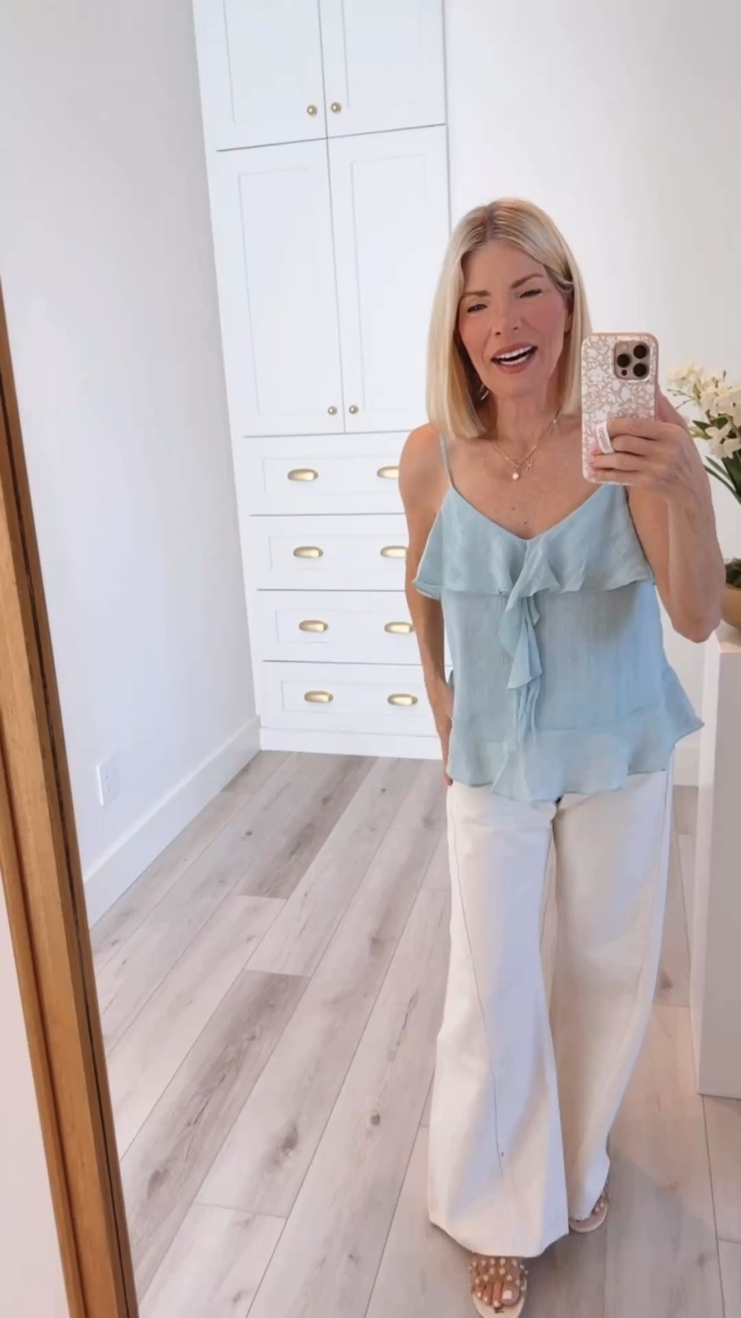 My top is 40% off plus an additional 25% today! Under $30 and so cute. 

My mother jeans are a new favorite that I have in two washes now. I’m wearing the petite size 25. They also come in regular length. I’m 5’4” for reference. 
I’ve linked them from several different places as thy sell out quickly.

My Sam Edelman slides are so comfortable and don’t need any breaking in. I’m wearing a size 6 when I normally wear size 6 1/2 sandals. ￼