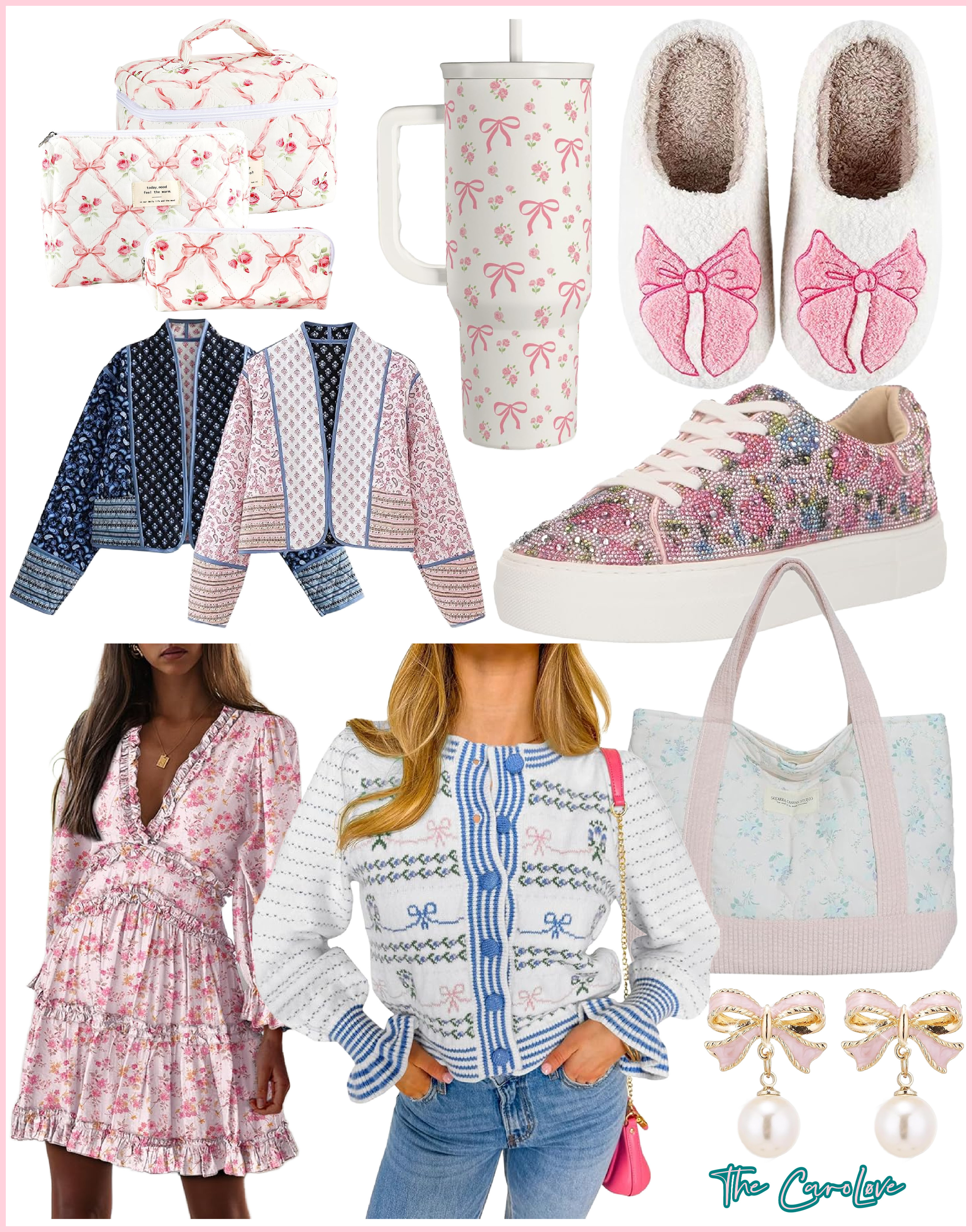Transform your everyday essentials into a romantic dream with these LoveShackFancy-inspired finds! 🌸 From quilted floral makeup bags to cozy bow slippers and chic floral puffer jackets, each piece adds a feminine touch to your wardrobe. Don’t forget the Bow Tumbler for on-the-go hydration and pearl bow earrings for that perfect finishing touch. 💖 Shop these adorable, budget-friendly pieces now and elevate your style with a vintage, romantic flair! #AmazonFinds #RomanticStyle #FloralFashion #CozyChic #FeminineVibes #LTKUnder50 #StyleInspo #LoveShackFancy 

 #LTKGiftGuide #LTKFindsUnder100 #LTKStyleTip