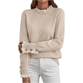 MakeMeChic Women's Fall Sweaters Lace Peplum Mock Neck Cozy Sweater Pullover | Amazon (US)