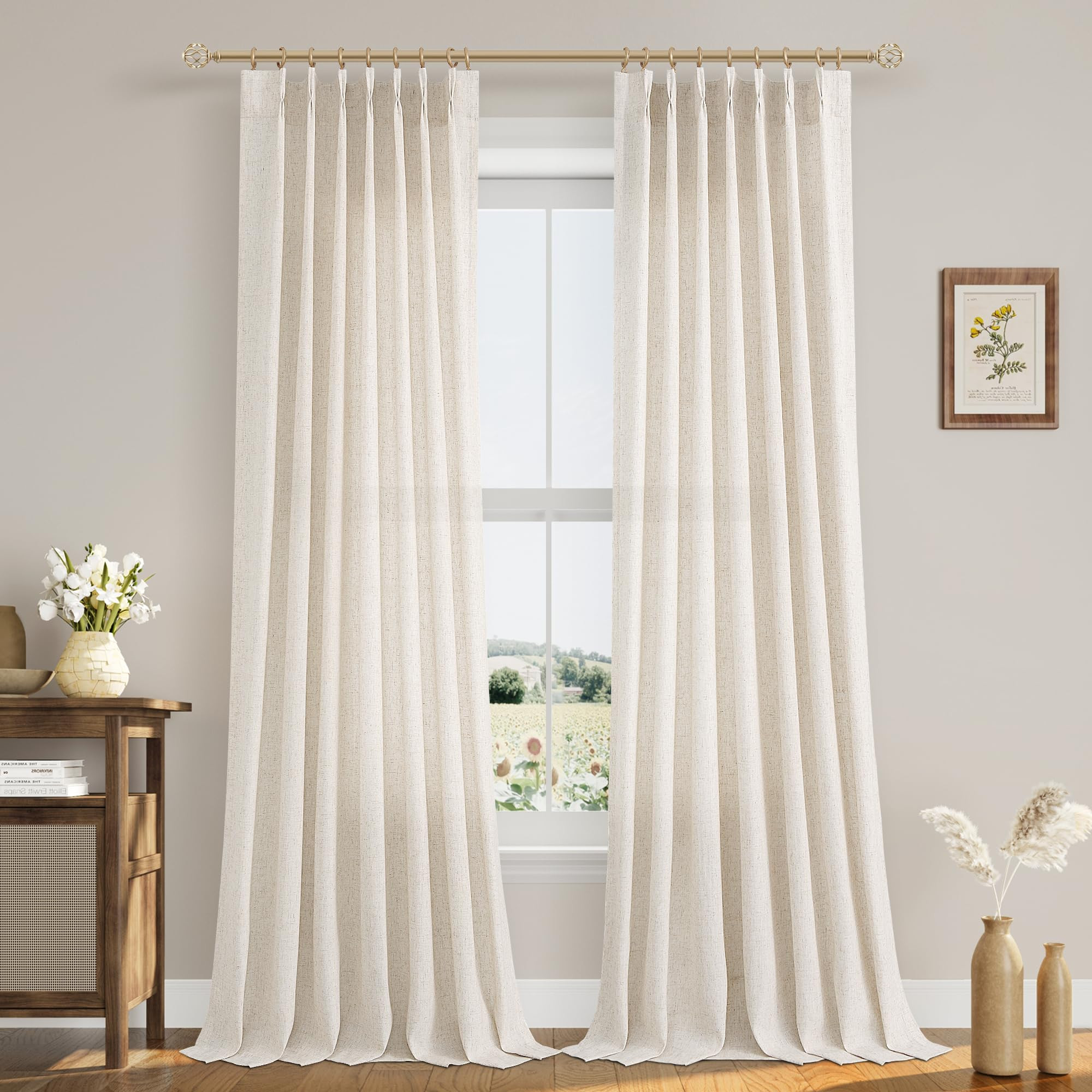 Pinch Pleated 90 Inch Curtains 2 Panels for Living Room Cream Beige Linen Curtains 90 Inches Long Pinch Pleat Drapes for Track System Light Filtering Semi Sheer Curtain for Dining Bedroom Office | Amazon (US)