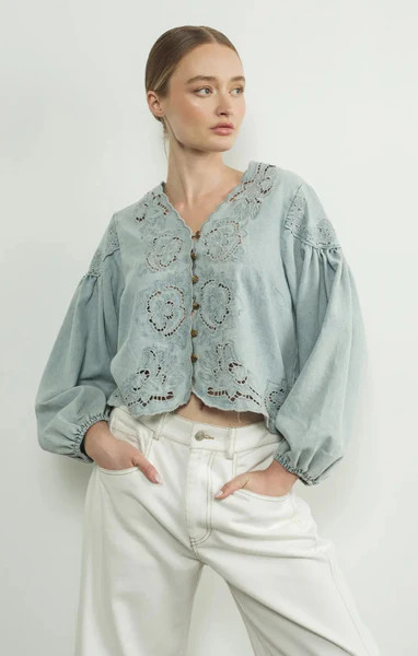 Denim Volume Sleeve Embroidered Blouse | Mint Clothing Boutiques