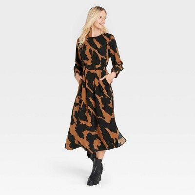 Women&#39;s Long Sleeve Belted Dress - Who What Wear&#8482; Dark Brown Leopard Print S | Target
