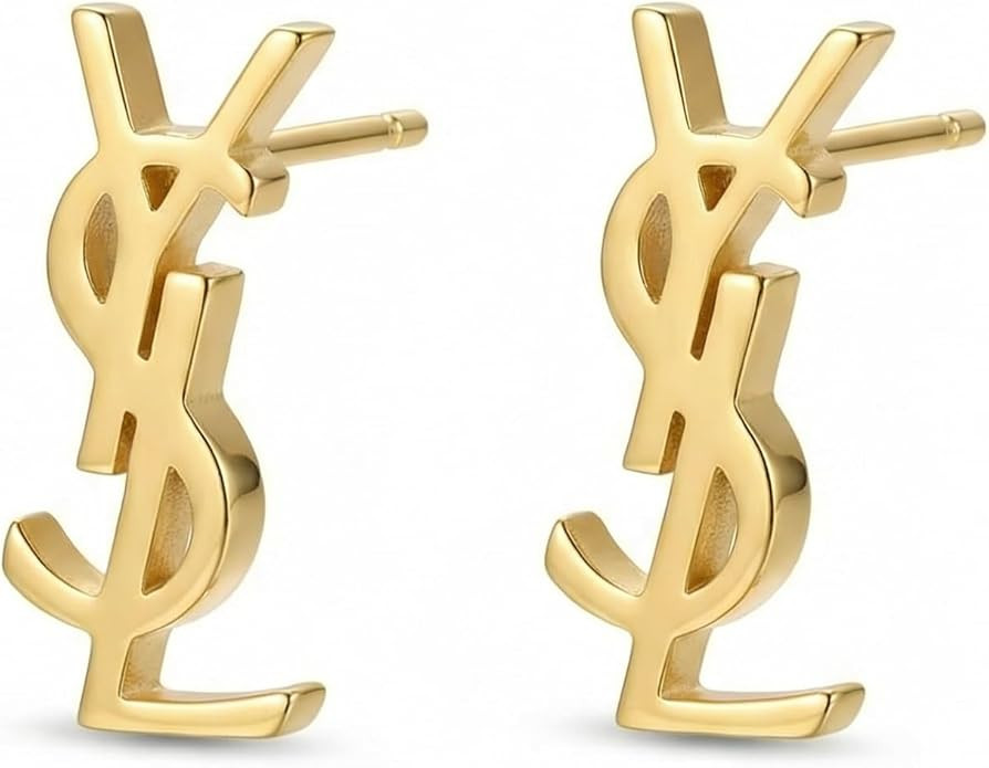 Gold-Tone Letter Logo Stud Earrings, Metallic Minimalist Stylish Earrings | Amazon (US)