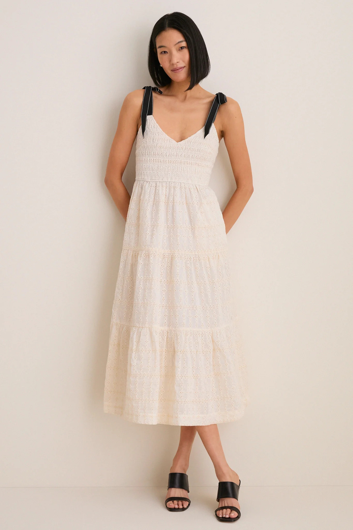 Cream Jayla Embroidery Eyelet Smocked Midi Dress | Tuckernuck (US)
