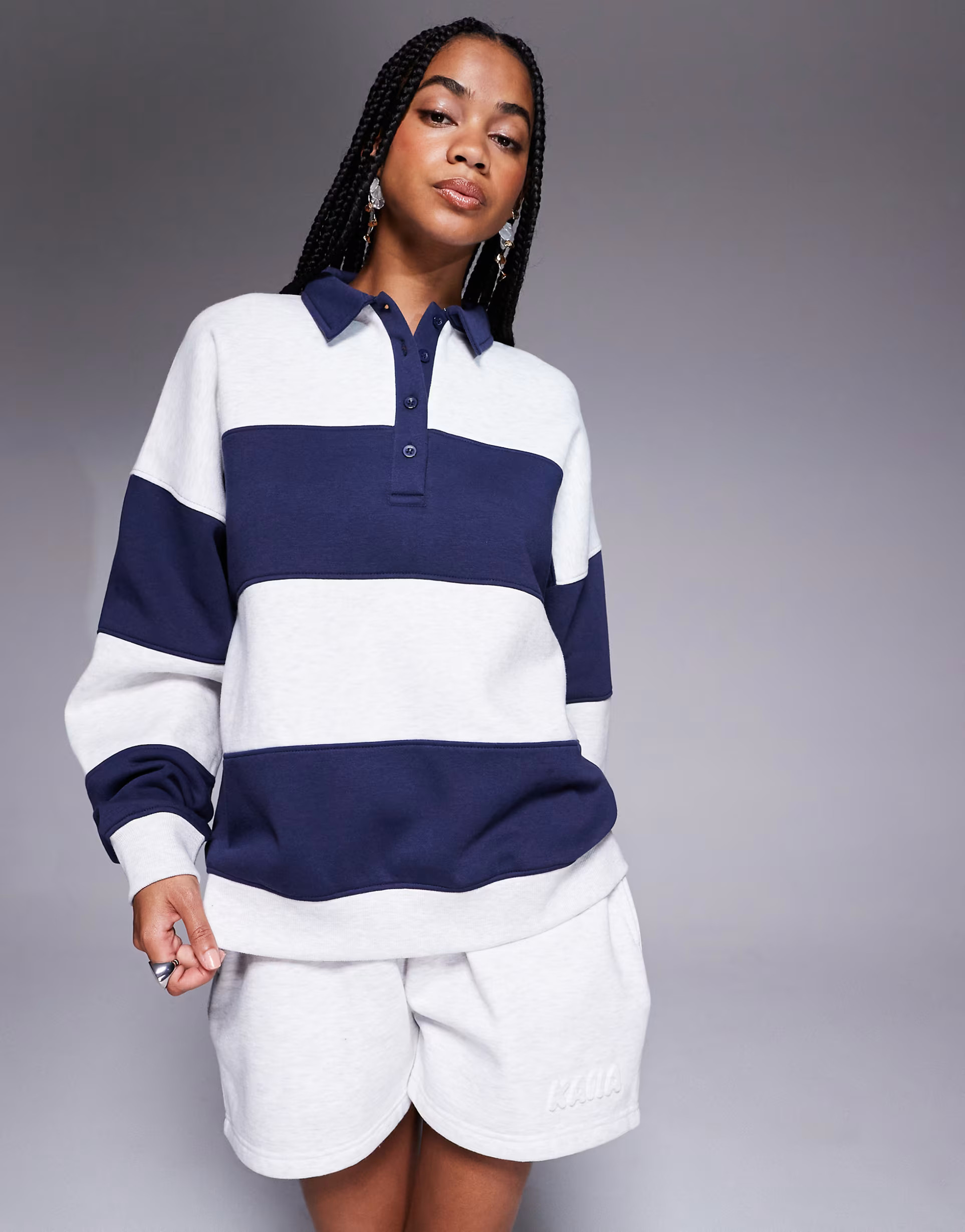 Kaiia oversized collared rugby polo sweatshirt in grey and navy stripe | ASOS | ASOS (Global)